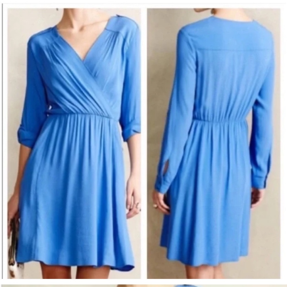 Anthropologie Maeve Blue Lene Crepe Faux Wrap Dress Roll tab long sleeve S NWOT - Picture 2 of 10